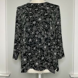 J Jill Wearever Collection Soft Black White Floral 3/4 Sleeve Blouse Size Small